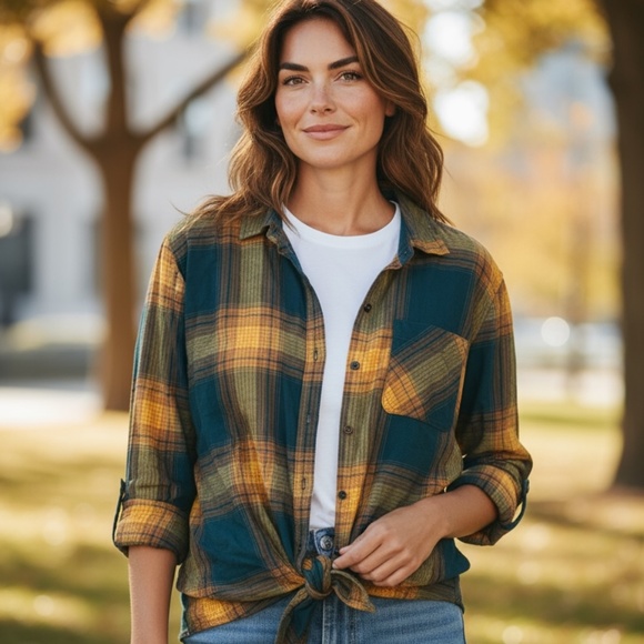 Women's True Craft Yellow and Blue Plaid Button-up Long-sleeve - Picture 1 of 4